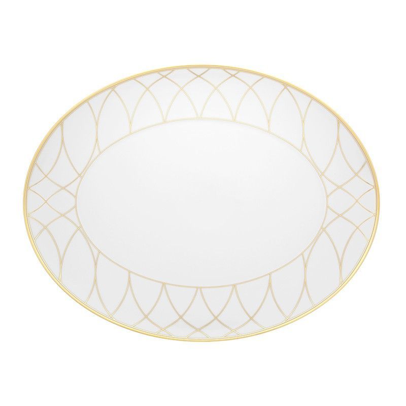 Fuente oval grande de porcelana en blanco y oro, 41,6 x 32,3 x 2,9 cm | Terrace