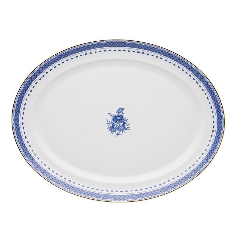 Fuente oval mediana de porcelana en blanco y azul, 35 x 27,3 x 3,5 cm | Cozinha Velha