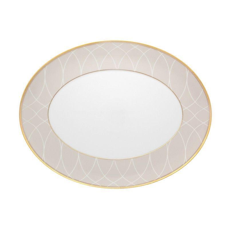 Fuente oval pequeña de porcelana en blanco, beige y oro, 34,7 x 26,5 x 2,8 cm | Terrace