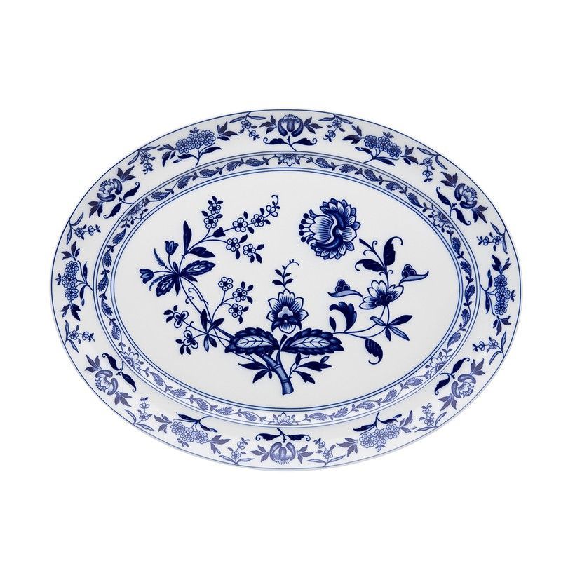 Fuente oval pequeña de porcelana en blanco y azul, 41,6 x 31,7 x 3,8 cm | Margão