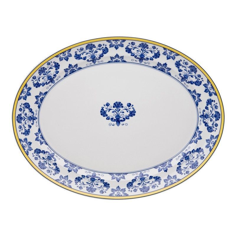Fuente ovalada L de porcelana en azul y amarillo, 41,6 x 31,7 x 3,8 cm | Castelo Branco