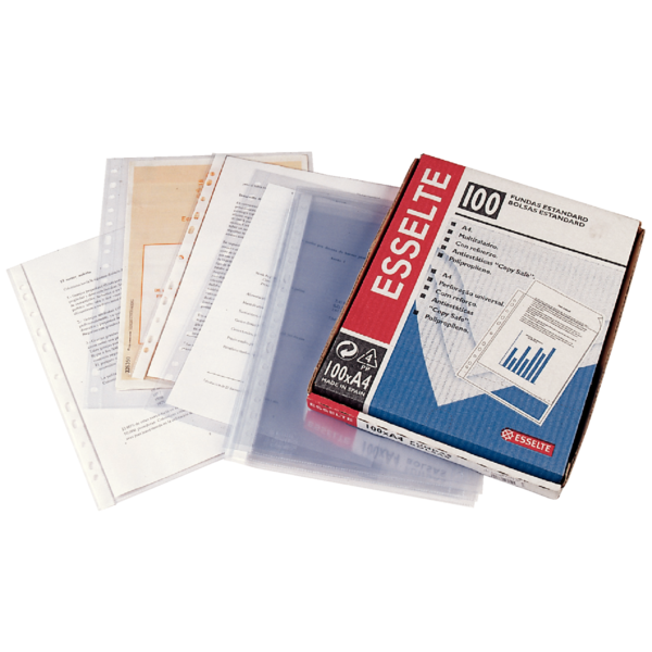 Funda portadocumentos. (Caja 100) PVC con refuerzo. 80 micras. Multitaladro. Folio. 16 taladros