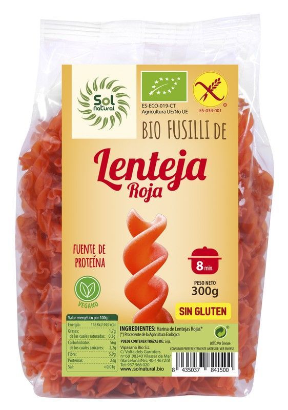 Fusilli De Lenteja Roja Bio Sin Gluten 300 G