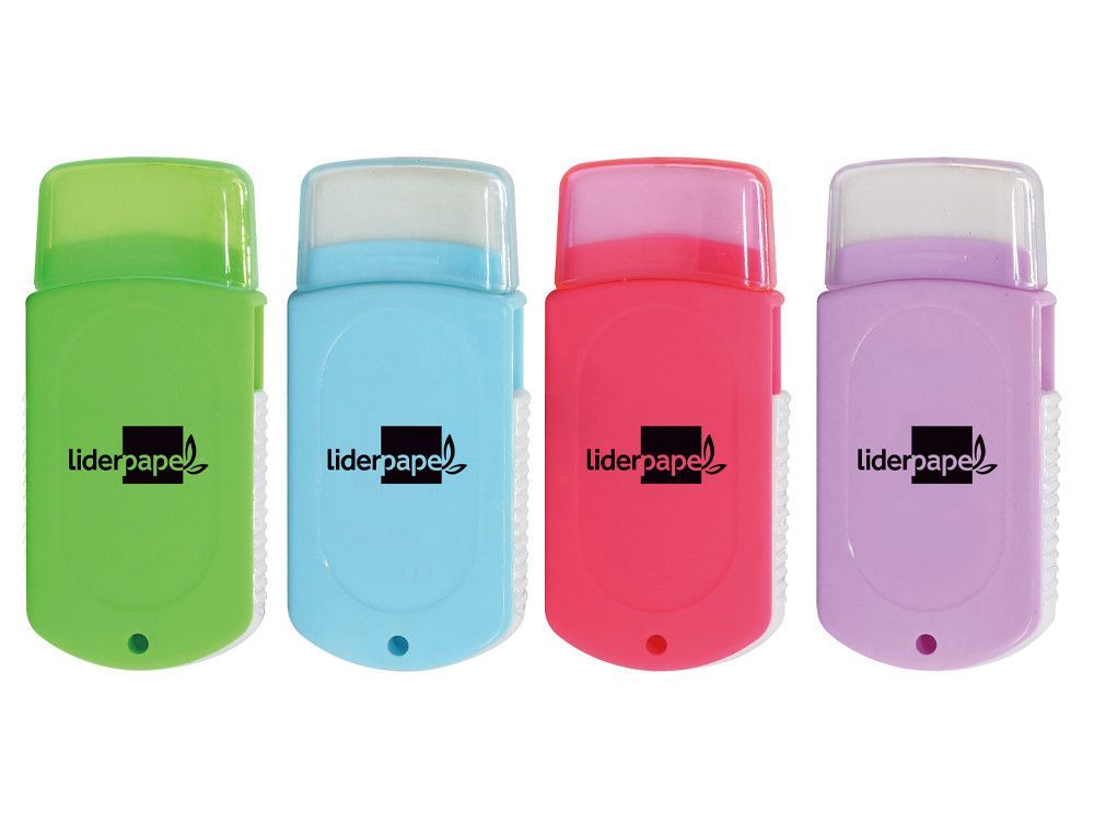 Goma liderpapel rectangular con protector plastico sacapuntas 2 usos y cepillo colores surtidos