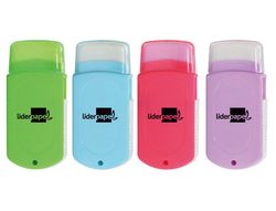 Goma liderpapel rectangular con protector plastico sacapuntas 2 usos y cepillo colores surtidos