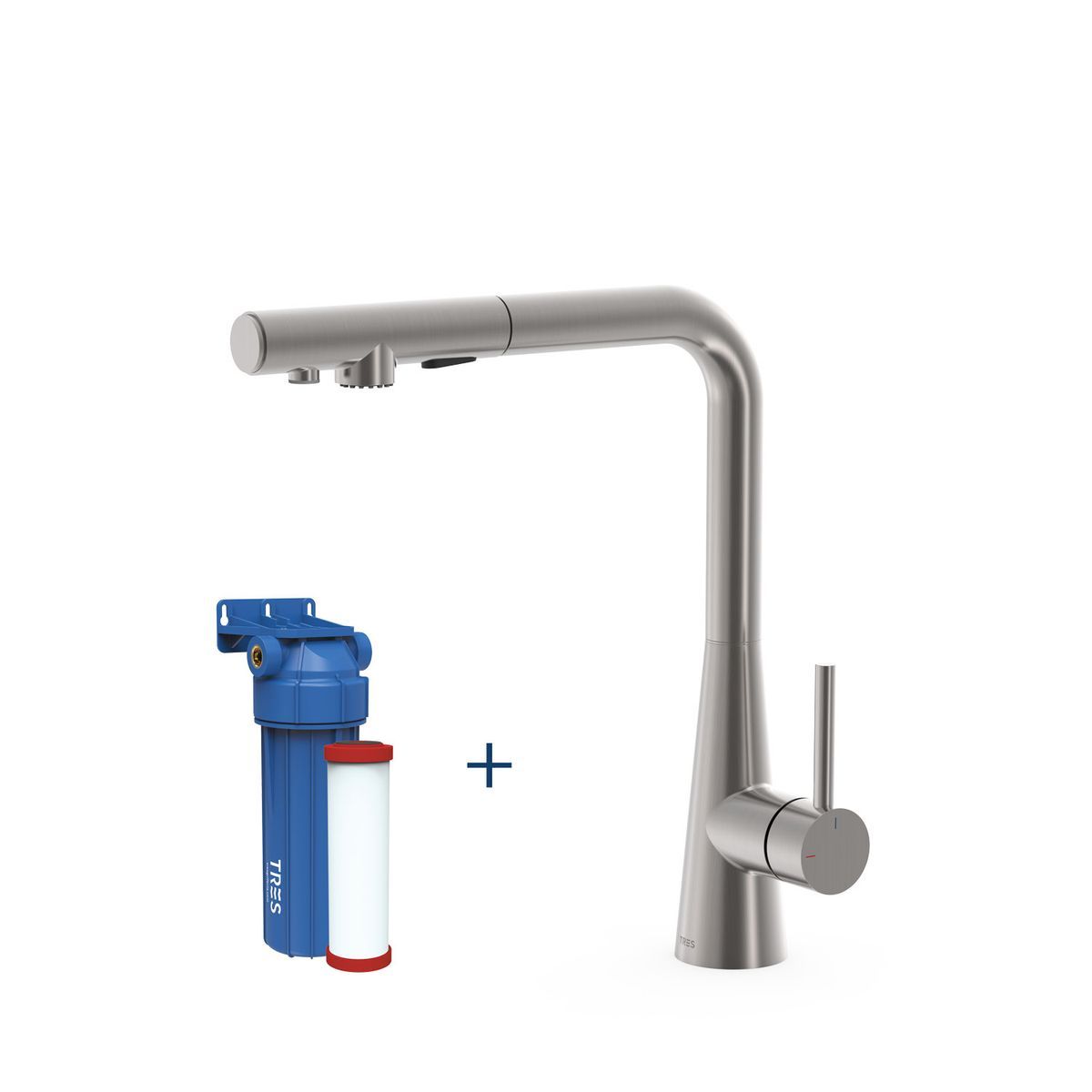 Grifo monomando de 2 vías con caño extraíble para cocina, para agua de red y filtrada