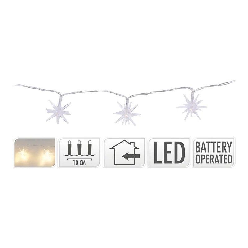 Guirnalda A Pilas Fija 10 Leds Estrellas Decorativas Ø 45mm Luz Blanco Frio 1,30m