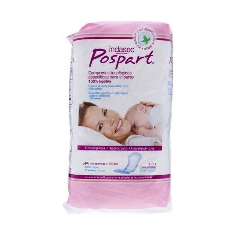 Indasecr Pospartr Compresas 100 Algodon Primeros Dias 12u