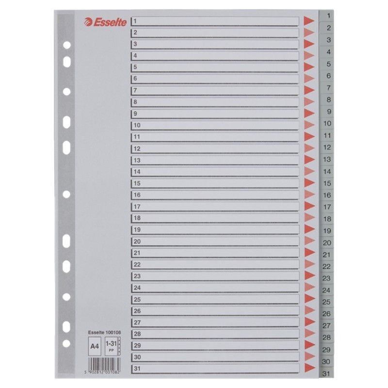 Índice multitaladro Esselte. DIN A4. Cartulina índice color. Pestañas 1-31 PP, gris