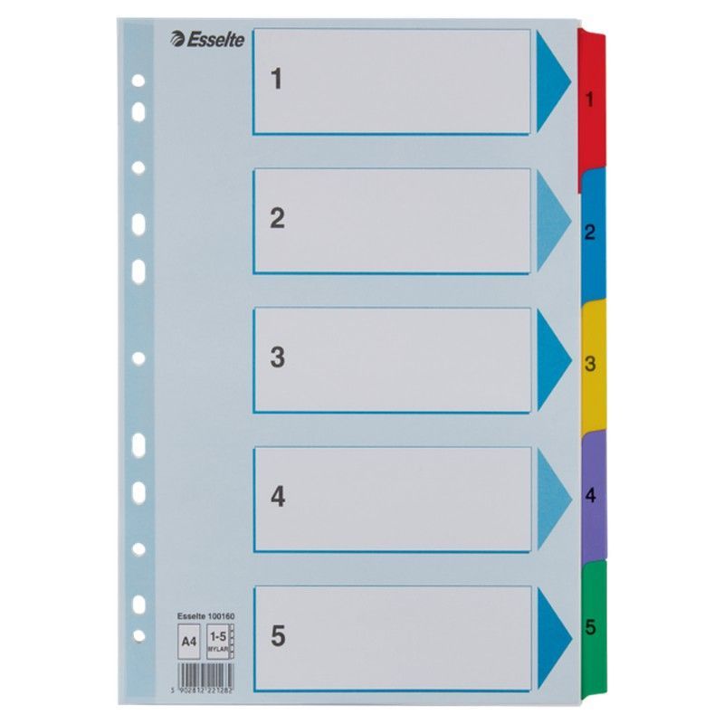 Índice multitaladro Esselte. DIN A4. Con cartulina índice color y pestañas reforzadas 1-5 Cartón Mylar, multicolor
