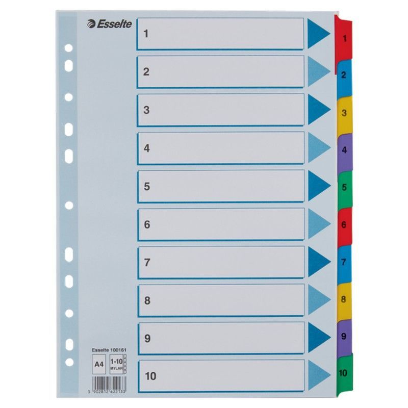 Índice multitaladro Esselte. DIN A4. Con cartulina índice color y pestañas reforzadas 1-10 Cartón Mylar, multicolor