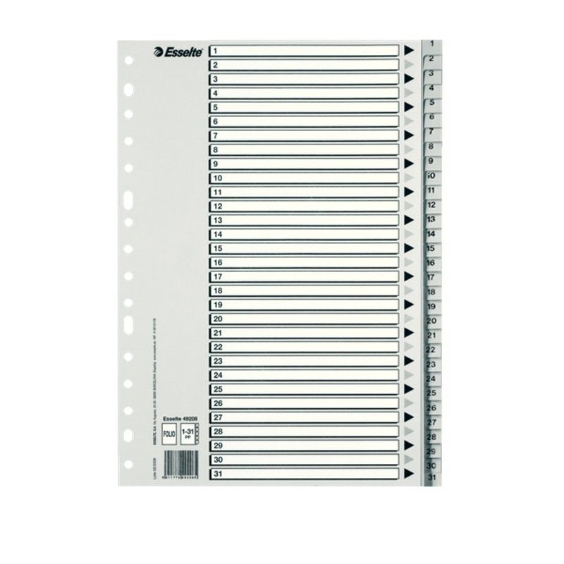 Índice multitaladro Esselte. Folio. Cartulina índice B/N. Pestañas 1-31 PP, gris