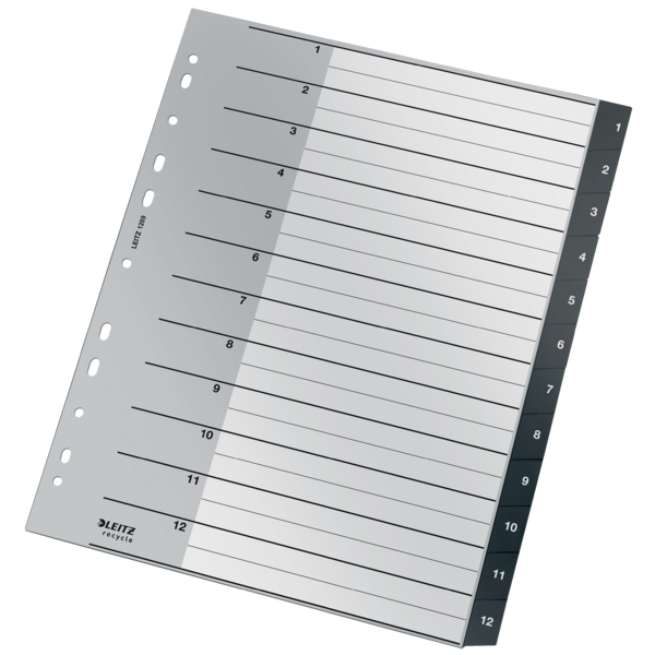 Índice multitaladro Leitz Recycle. DIN A4 maxi. Pestañas 1-12. PP reciclado, climáticamente neutro y 100% reciclable, negro