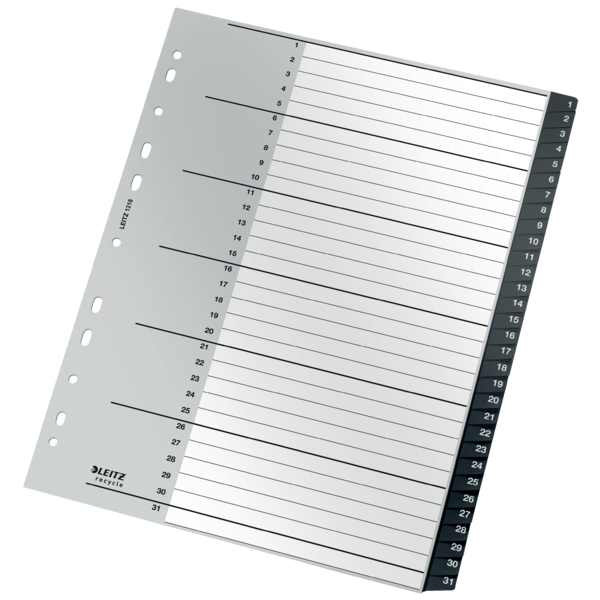 Índice multitaladro Leitz Recycle. DIN A4 maxi. Pestañas 1-31. PP reciclado, climáticamente neutro y 100% reciclable, negro