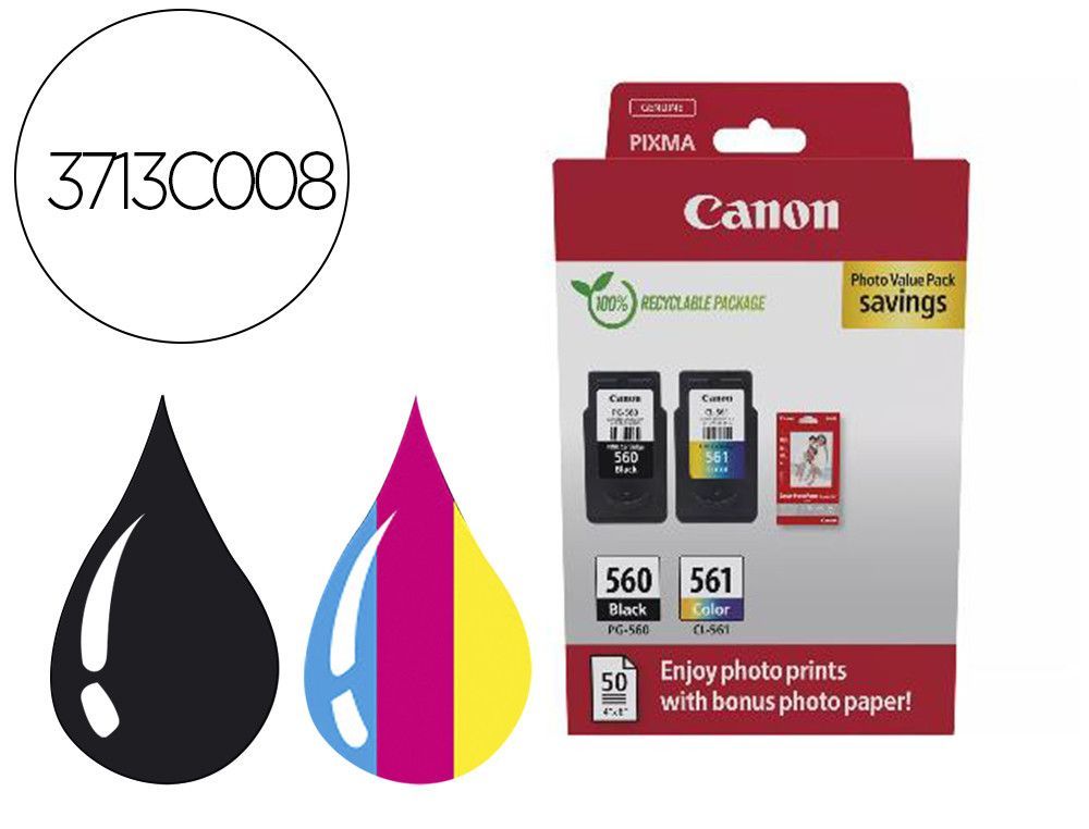 Ink-jet canon photo value pack pg-560 + cl561 + 50 hojas papel foto glossy 10x15 cm