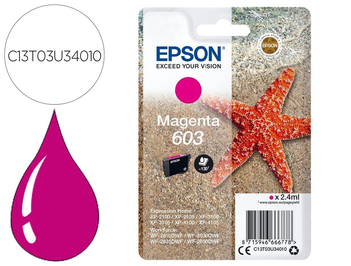 Ink-jet epson 603 xp-2100 / 2105 / 3100 / 4100 / wf-2810 / 2830 / 2835 / 2850 magenta 130 paginas