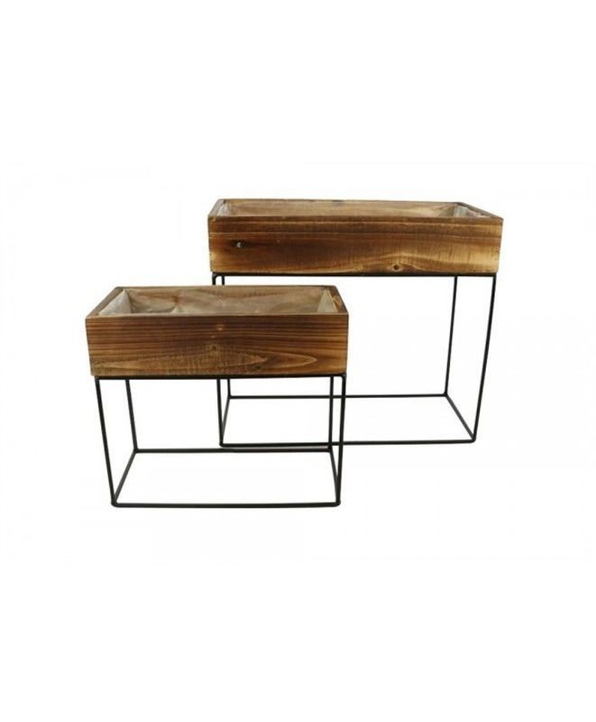 JARDINERA MADERA NATURAL CON PIE HIERRO (Set 2u.)