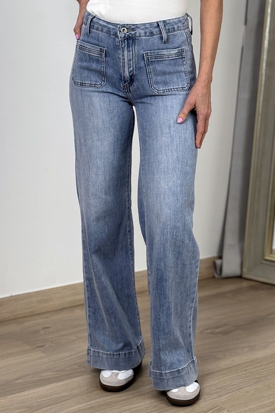 Jeans wide leg patch pocket azul delavado