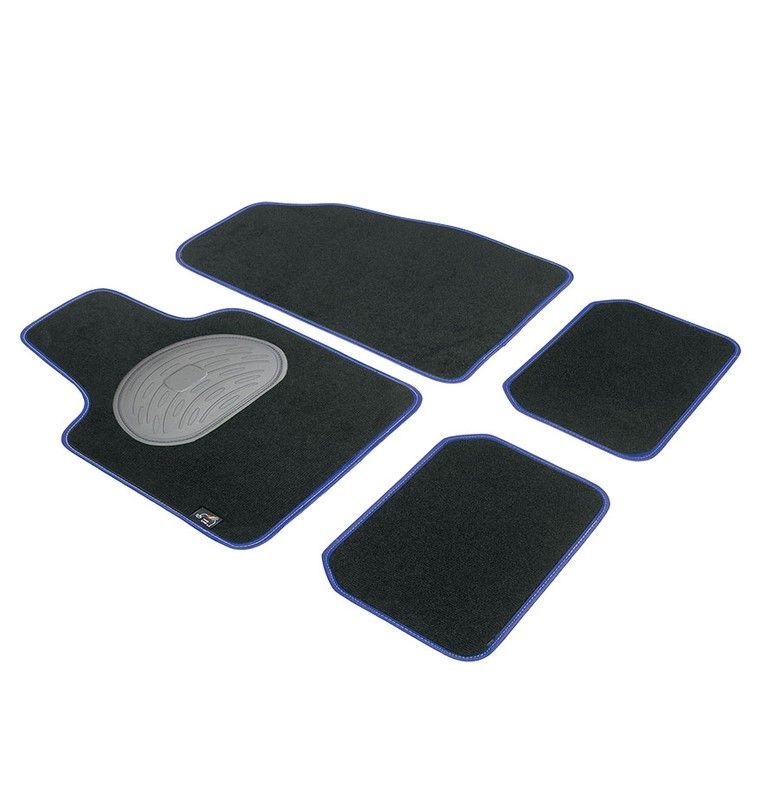 JGO. 4 ALFOMBRAS MOQUETA "PREMIUM" NEGRA TAL. GOMA RIBETE AZUL