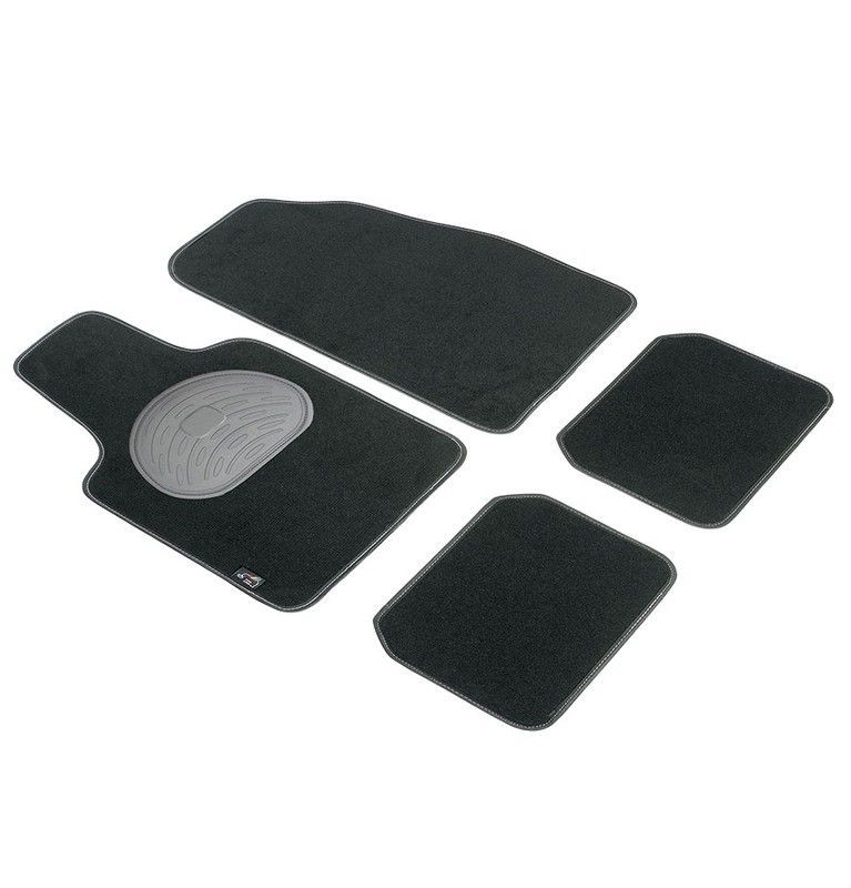 JGO. 4 ALFOMBRAS MOQUETA "PREMIUM" NEGRA TAL. GOMA RIBETE NEGRO
