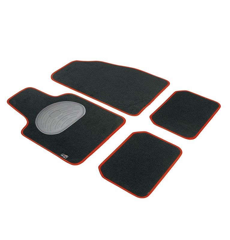 JGO. 4 ALFOMBRAS MOQUETA "PREMIUM" NEGRA TAL. GOMA RIBETE ROJO