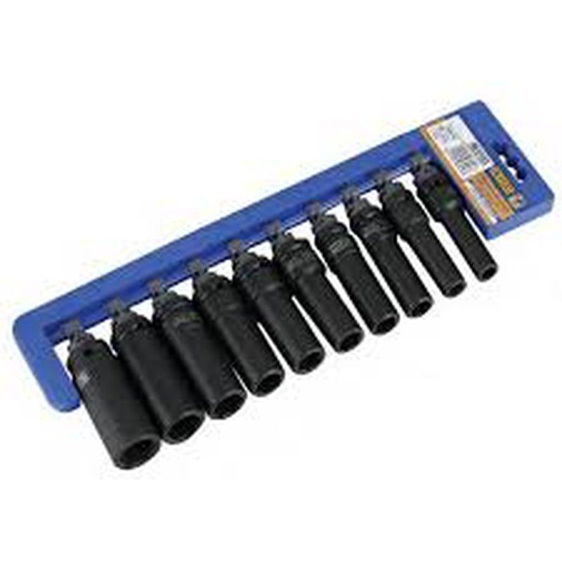 Juego de 10 llaves de vaso de impacto largas con boca hexagonal y cuadradillo de 1/2" Alyco. Referencia 198258