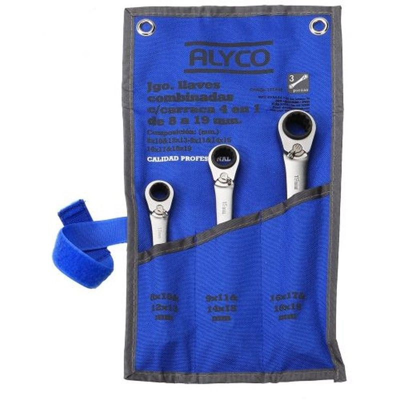 Juego De 3 Llaves Con Carraca 4 En 1, Bolsa De Nylon ALYCO, De Medidas 8x10- 12x13, 9x11- 14x15, 16x17- 18x19.Referencia 191640
