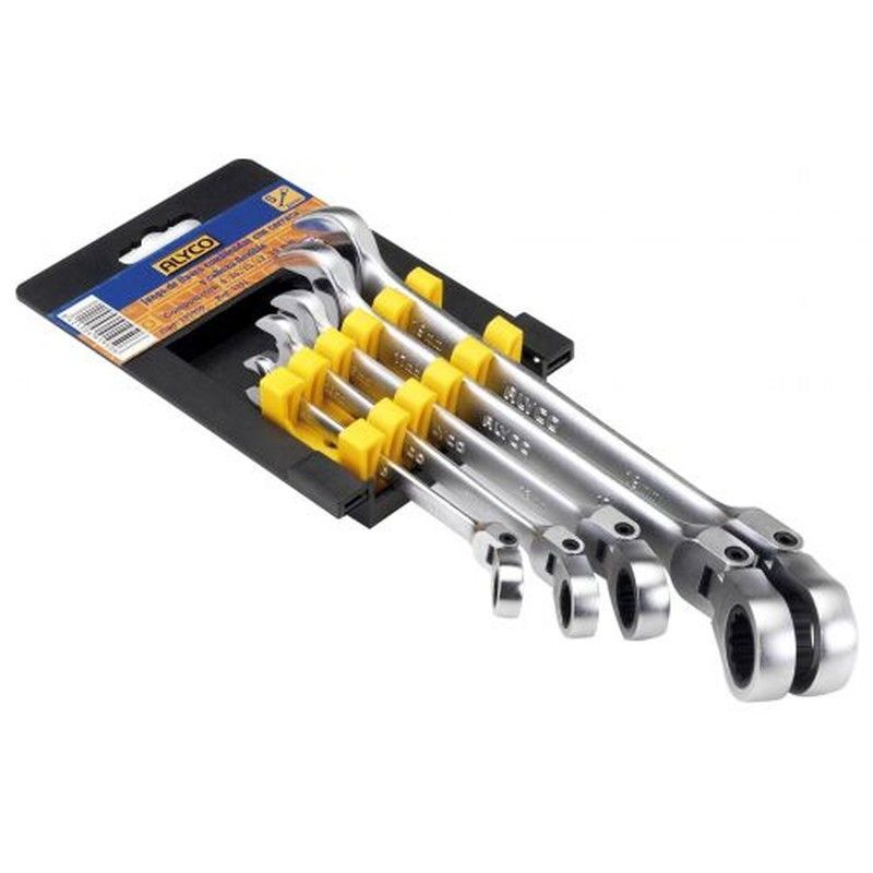 Juego de 5 llaves de apriete, llave de boca abierta y boca estrella de carraca reversible y articulada flexible, medidas de 8 a 19 mm, en soporte plástico Alyco, Referencia 191950