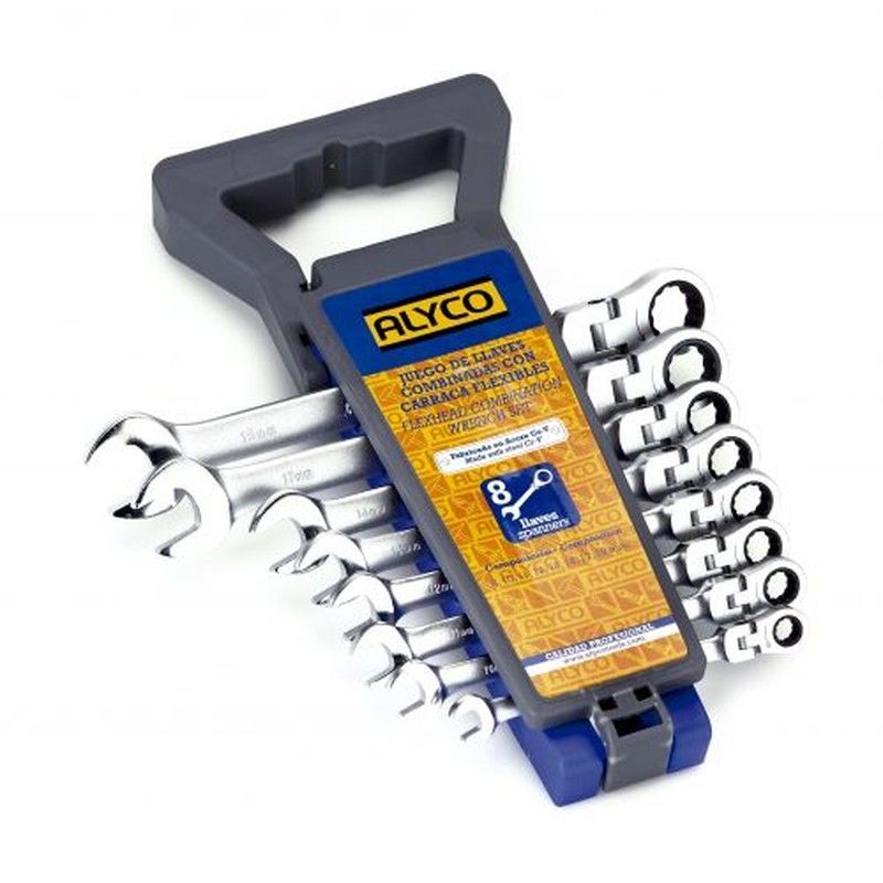 Juego de 8 llaves de apriete, llave de boca abierta y boca estrella de carraca reversible y articulada flexible, medidas de 8 a 19 mm, en soporte plástico Alyco, Referencia 191951