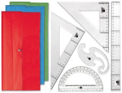 Juego Escuadra y Cartabon 25Cm Regla 30Cm Semicirculo 15Cm y Plantilla de Curvas Liderpapelen Petaca Opaca Colores Stdos