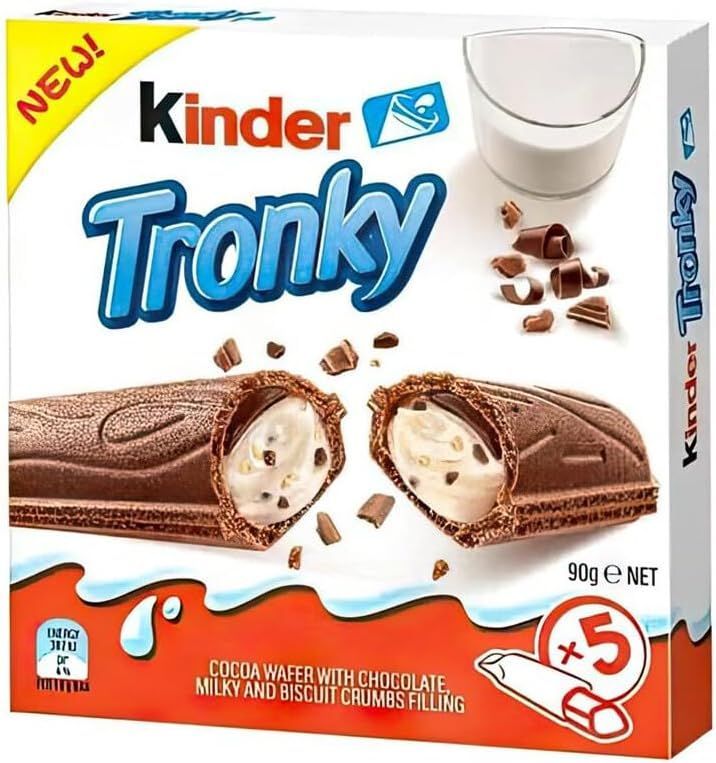Kinder Tronky 90 g – Rollos de gofres crujientes con relleno cremoso de avellana y chocolate con leche, 5 unidades (5 x 18 g)