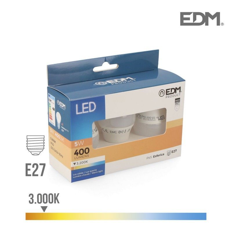 Kit 3 bombillas esfericas led e27 5w 400 lm 3200k luz calida edm