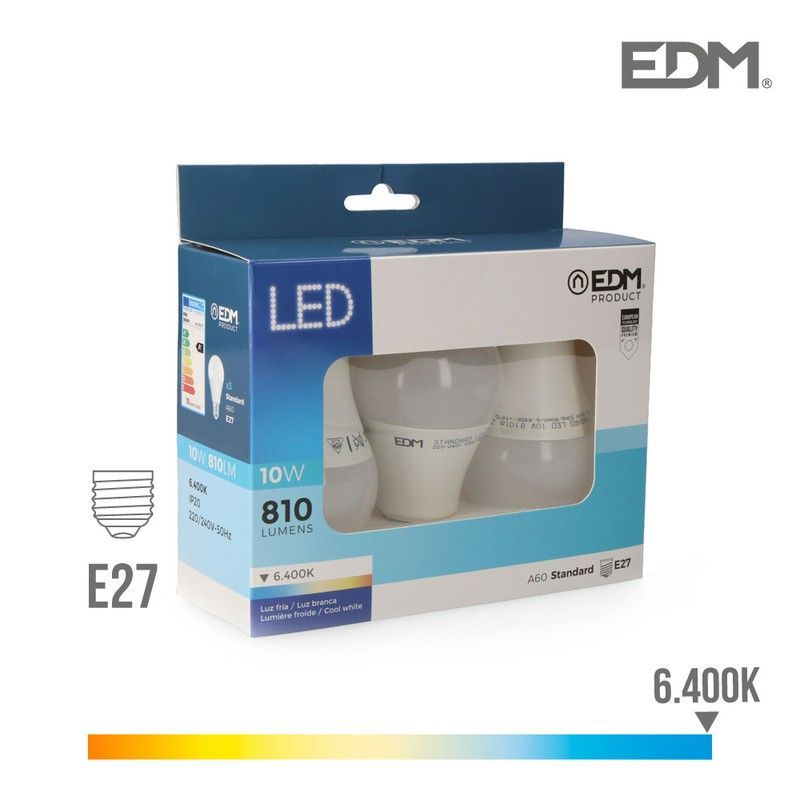 Kit 3 bombillas standard led e27 10w 810 lm 6400k luz fria edm