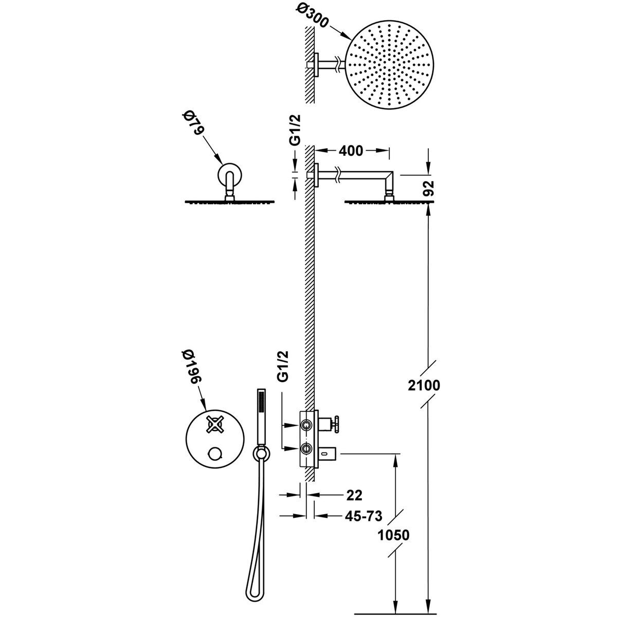 Kit de grifo termostático empotrado de 2 vías Therm‑box para ducha
