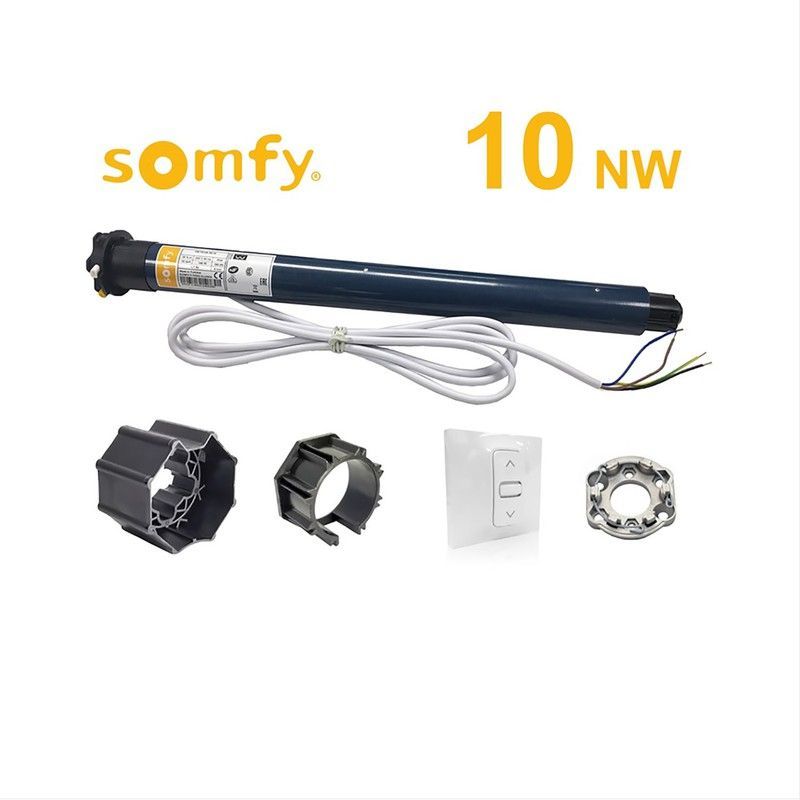 KIT Somfy 10 NW: Motor de persiana mecanico para eje octogonal Ø 60mm. Incluye accesorios de montaje y pulsador cableado para el control de subida, bajada y Stop. Fácil de montar y usar tiene los botones de final de carrera directamente en el motor.