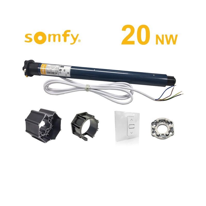 KIT Somfy 20 NW: Motor de persiana mecanico para eje octogonal Ø 60mm. Incluye accesorios de montaje y pulsador cableado para el control de subida, bajada y Stop. Fácil de montar y usar tiene los botones de final de carrera directamente en el motor.