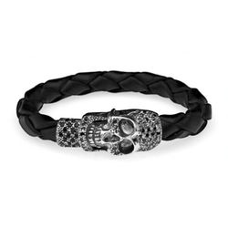 L33 Pulsera Plata de Palo hombre calavera trenzada de cuero negro