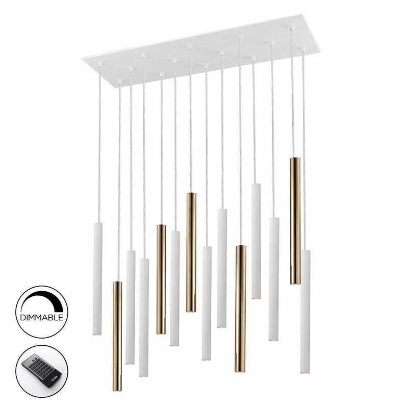 Lámpara de techo, con mando 14 luces, de metal blanco y dorado, 82 x 25 x 40 cm | Varas