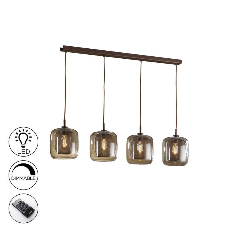 Lámpara de techo, con mando, con 4 luces, de metal y cristal en marrón, 107 x 20 x 29 cm | Fox