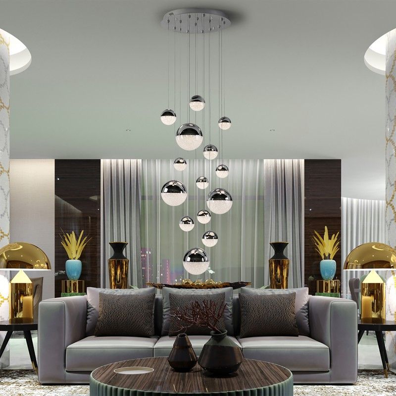 Lámpara de techo de gran formato, con 14 luces, de metal plateado, Ø 60 x 220 cm | Sphere