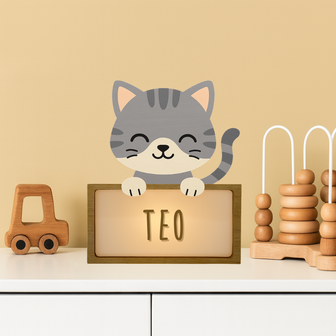 Lámpara Pequeña Gato Con Kit De Letras Nombre Personalizable Vintiun