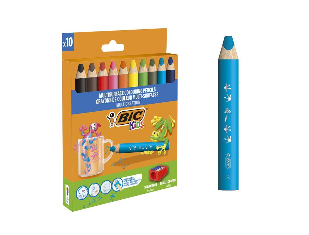 Lapices de colores bic multisuperficies triangulares mina borrable caja de 10 unidades colores surtidos +