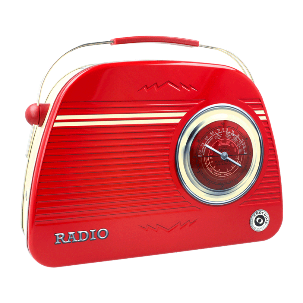 Lata bombones praliné leche 'Radio redonda' roja 300g