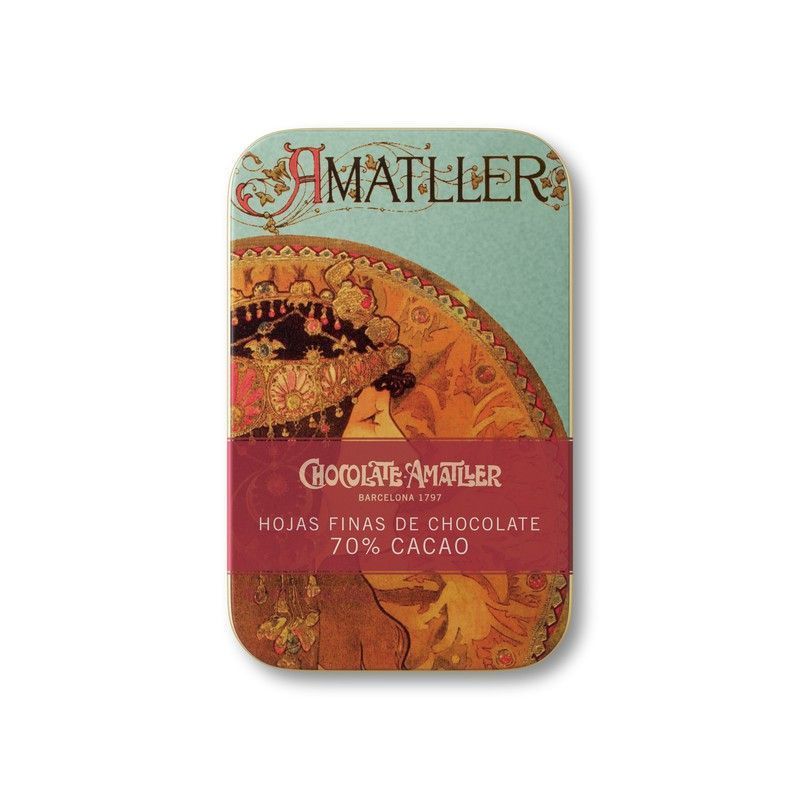 Lata metálica hojas chocolate amatller 70% 30 grs