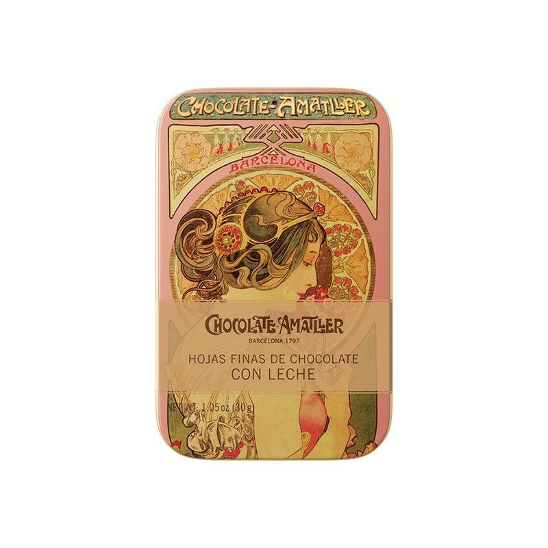 Lata metálica hojas chocolate leche amatller 30 grs