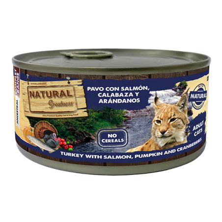 Lata natural para gato pavo con salmón, calabaza y arándanos 185gr