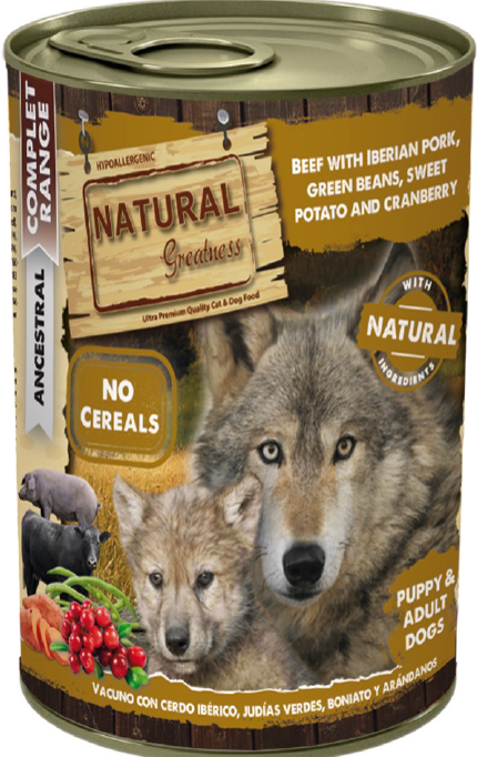 Lata natural para perro adulto y cachorro de vacuno con cerdo ibérico, judías... 400gr