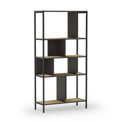 Librería de madera y metal en negro y color roble, 88 x 35 x 175 cm | Alabama
