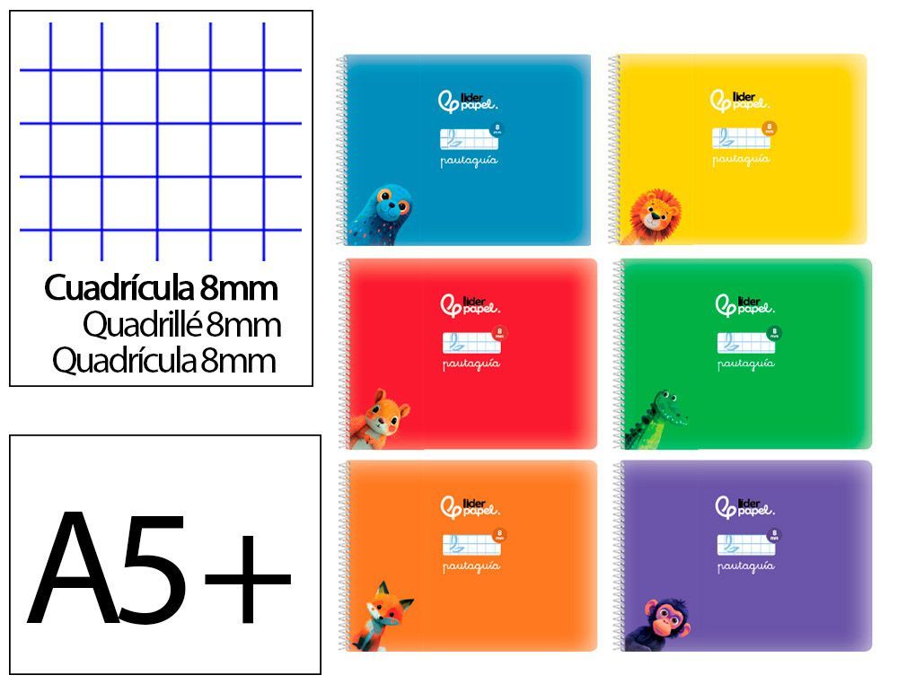 Libreta liderpapel pautaguia tapa cartoncillo 32h din a5+ 75gr cuadriculado pautado 8mm apaisada con margen 6 colores