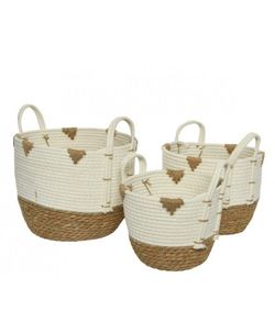 MACETA ALGODÓN BLANCO Y MIMBRE CON 2 ASAS (Set 3uds.)